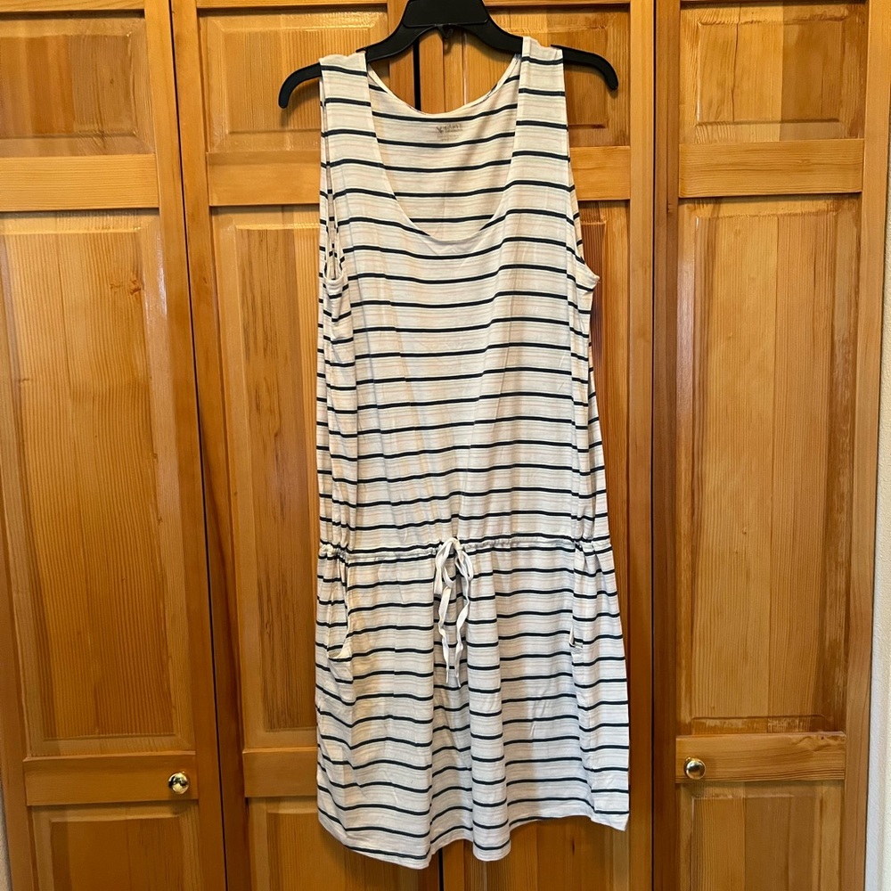 Carve Designs Cream and Black Striped Sleeveless Drawstring Dress